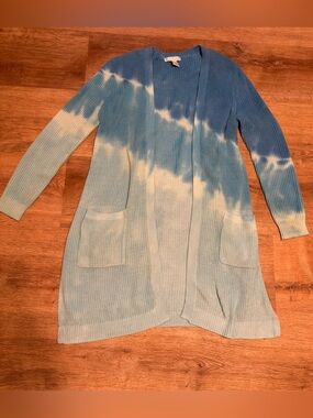 DESIGN HISTORY Blue Ombre Tie Dye Long Knit Cardigan Small Coastal Boho